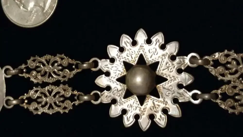 Victorian English Sterling Engraved Chain Belt Necklace Regal Fleur-de-lis Cross